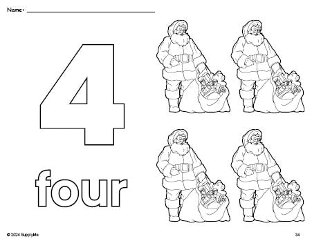 Free printable Santa Christmas coloring page and counting worksheet, number 4 coloring page for preschool, pre-k, and kindergarten