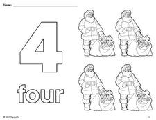 Free printable Santa Christmas coloring page and counting worksheet, number 4 coloring page for preschool, pre-k, and kindergarten