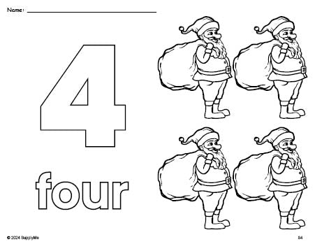 Free printable Santa Christmas coloring page and counting worksheet, number 4 coloring page for preschool, pre-k, and kindergarten