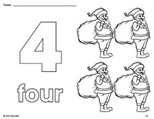 Free printable Santa Christmas coloring page and counting worksheet, number 4 coloring page for preschool, pre-k, and kindergarten