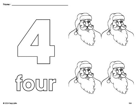 Free printable Santa Christmas coloring page and counting worksheet, number 4 coloring page for preschool, pre-k, and kindergarten