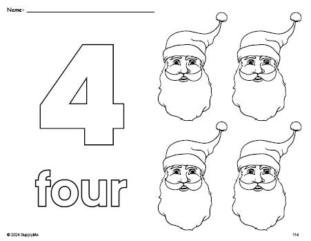 Free printable Santa Christmas coloring page and counting worksheet, number 4 coloring page for preschool, pre-k, and kindergarten