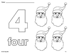 Free printable Santa Christmas coloring page and counting worksheet, number 4 coloring page for preschool, pre-k, and kindergarten