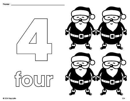 Free printable Santa Christmas coloring page and counting worksheet, number 4 coloring page for preschool, pre-k, and kindergarten