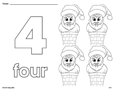 Free printable Santa Christmas coloring page and counting worksheet, number 4 coloring page for preschool, pre-k, and kindergarten