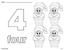 Free printable Santa Christmas coloring page and counting worksheet, number 4 coloring page for preschool, pre-k, and kindergarten