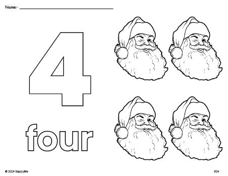 Free printable Santa Christmas coloring page and counting worksheet, number 4 coloring page for preschool, pre-k, and kindergarten