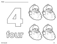 Free printable Santa Christmas coloring page and counting worksheet, number 4 coloring page for preschool, pre-k, and kindergarten