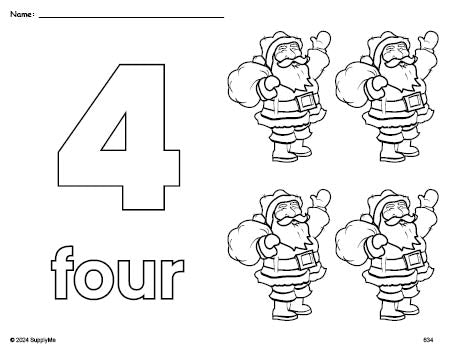 Free printable Santa Christmas coloring page and counting worksheet, number 4 coloring page for preschool, pre-k, and kindergarten