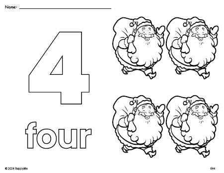 Free printable Santa Christmas coloring page and counting worksheet, number 4 coloring page for preschool, pre-k, and kindergarten