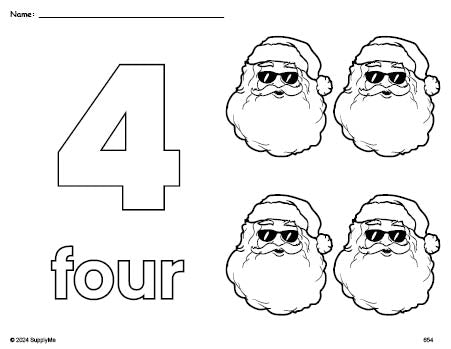 Free printable Santa Christmas coloring page and counting worksheet, number 4 coloring page for preschool, pre-k, and kindergarten