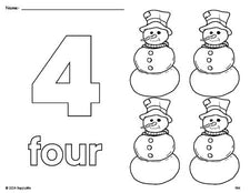 Free printable snowman winter coloring page and counting worksheet, number 4 coloring page for preschool, pre-k, and kindergarten