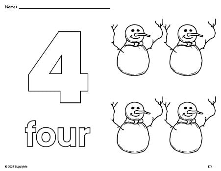 Free printable snowman winter coloring page and counting worksheet, number 4 coloring page for preschool, pre-k, and kindergarten