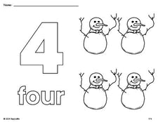 Free printable snowman winter coloring page and counting worksheet, number 4 coloring page for preschool, pre-k, and kindergarten