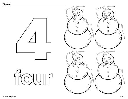 Free printable snowman winter coloring page and counting worksheet, number 4 coloring page for preschool, pre-k, and kindergarten