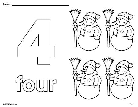 Free printable snowman winter coloring page and counting worksheet, number 4 coloring page for preschool, pre-k, and kindergarten