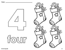 Free printable stocking Christmas coloring page and counting worksheet, number 4 coloring page for preschool, pre-k, and kindergarten