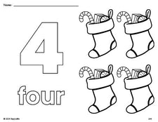 Free printable stocking Christmas coloring page and counting worksheet, number 4 coloring page for preschool, pre-k, and kindergarten