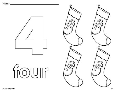 Free printable stocking Christmas coloring page and counting worksheet, number 4 coloring page for preschool, pre-k, and kindergarten