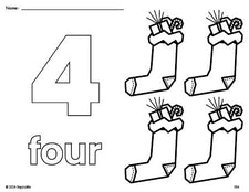 Free printable stocking Christmas coloring page and counting worksheet, number 4 coloring page for preschool, pre-k, and kindergarten