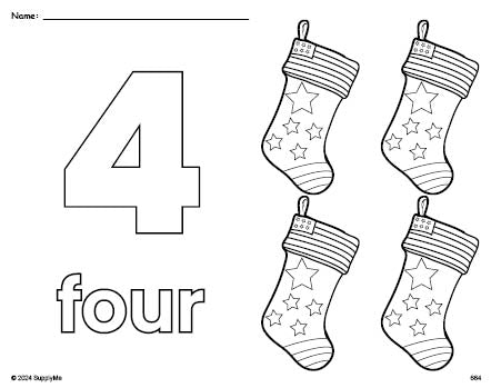 Free printable stocking Christmas coloring page and counting worksheet, number 4 coloring page for preschool, pre-k, and kindergarten