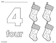 Free printable stocking Christmas coloring page and counting worksheet, number 4 coloring page for preschool, pre-k, and kindergarten