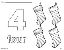 Free printable stocking Christmas coloring page and counting worksheet, number 4 coloring page for preschool, pre-k, and kindergarten