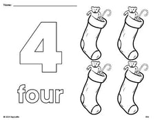 Free printable stocking Christmas coloring page and counting worksheet, number 4 coloring page for preschool, pre-k, and kindergarten