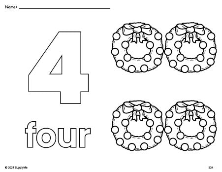 Free printable wreath Christmas coloring page and counting worksheet, number 4 coloring page for preschool, pre-k, and kindergarten