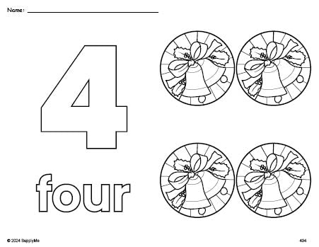 Free printable wreath Christmas coloring page and counting worksheet, number 4 coloring page for preschool, pre-k, and kindergarten