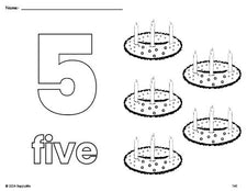 Free printable advent Christmas coloring page and counting worksheet, number 5 coloring page for preschool, pre-k, and kindergarten