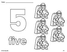 Free printable Baby Jesus Christmas coloring page and counting worksheet, number 5 coloring page for preschool, pre-k, and kindergarten