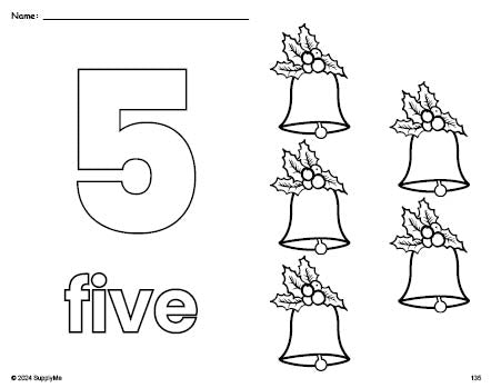 Free printable bell Christmas coloring page and counting worksheet, number 5 coloring page for preschool, pre-k, and kindergarten