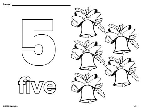 Free printable bell Christmas coloring page and counting worksheet, number 5 coloring page for preschool, pre-k, and kindergarten