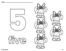 Free printable bell Christmas coloring page and counting worksheet, number 5 coloring page for preschool, pre-k, and kindergarten