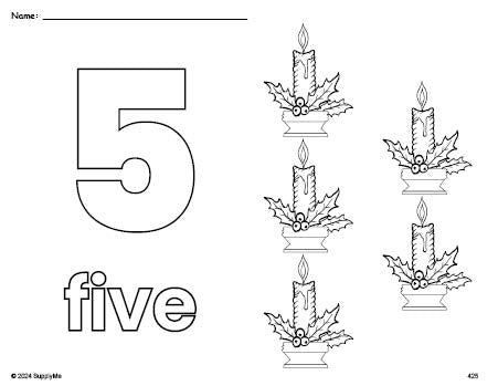 Free printable candle Christmas coloring page and counting worksheet, number 5 coloring page for preschool, pre-k, and kindergarten