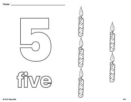 Free printable candle Christmas coloring page and counting worksheet, number 5 coloring page for preschool, pre-k, and kindergarten