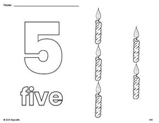 Free printable candle Christmas coloring page and counting worksheet, number 5 coloring page for preschool, pre-k, and kindergarten