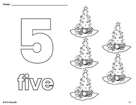 Free printable Christmas tree Christmas coloring page and counting worksheet, number 5 coloring page for preschool, pre-k, and kindergarten