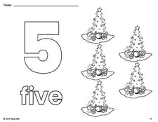 Free printable Christmas tree Christmas coloring page and counting worksheet, number 5 coloring page for preschool, pre-k, and kindergarten