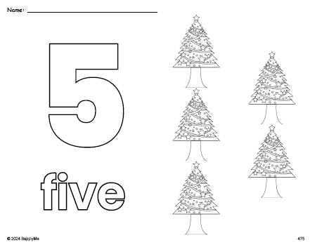 Free printable Christmas tree Christmas coloring page and counting worksheet, number 5 coloring page for preschool, pre-k, and kindergarten