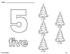 Free printable Christmas tree Christmas coloring page and counting worksheet, number 5 coloring page for preschool, pre-k, and kindergarten