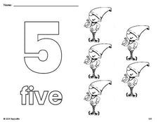 Free printable elf Christmas coloring page and counting worksheet, number 5 coloring page for preschool, pre-k, and kindergarten