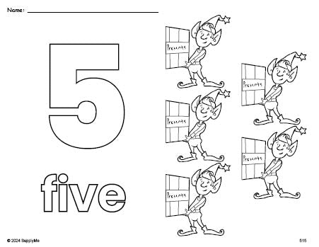 Free printable elf Christmas coloring page and counting worksheet, number 5 coloring page for preschool, pre-k, and kindergarten