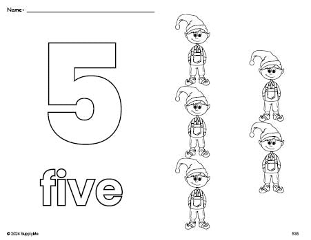 Free printable elf Christmas coloring page and counting worksheet, number 5 coloring page for preschool, pre-k, and kindergarten