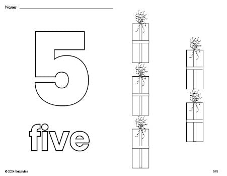 Free printable gift Christmas coloring page and counting worksheet, number 5 coloring page for preschool, pre-k, and kindergarten