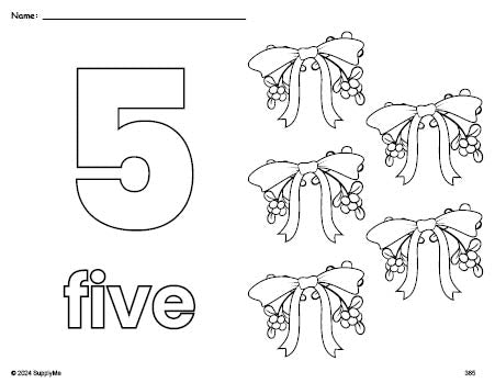 Free printable mistletoe Christmas coloring page and counting worksheet, number 5 coloring page for preschool, pre-k, and kindergarten