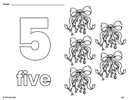 Free printable mistletoe Christmas coloring page and counting worksheet, number 5 coloring page for preschool, pre-k, and kindergarten