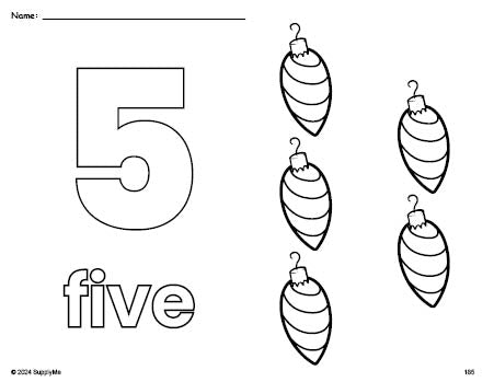 Free printable ornament Christmas coloring page and counting worksheet, number 5 coloring page for preschool, pre-k, and kindergarten