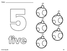 Free printable ornament Christmas coloring page and counting worksheet, number 5 coloring page for preschool, pre-k, and kindergarten